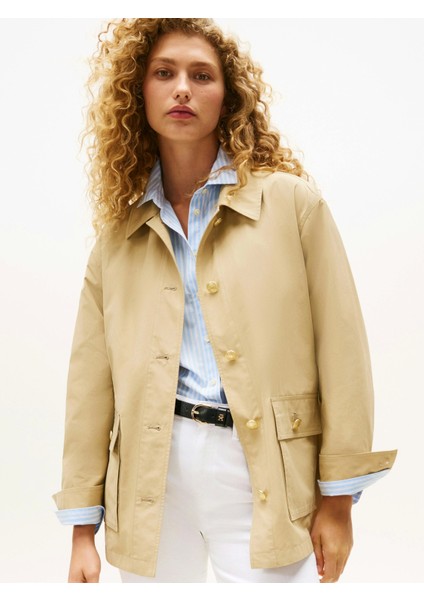 Kadın Pamuklu Naylon Normal Kesim Bej Safari Ceket WW0WW45620AEX modelleri