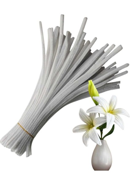50 Adet Beyaz Şönil, Çiçek Yapımına Uygun Tüylü Tel, 30 cm 6 mm