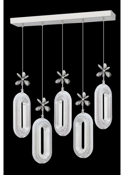 Istanbul Avize Alfa 5'li Sıralı Gümüş Yemek Masası Kumandalı 3 Renk Kristal Taşlı Avize