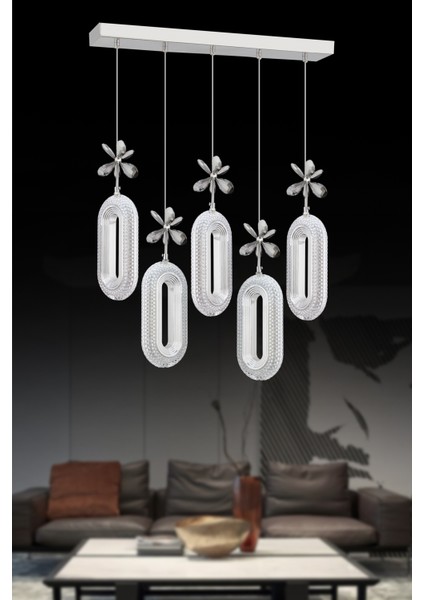 Istanbul Avize Alfa 5'li Sıralı Gümüş Yemek Masası Kumandalı 3 Renk Kristal Taşlı Avize modelleri