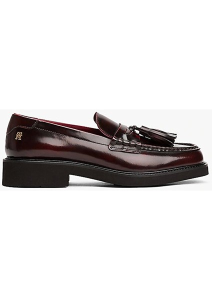 Kadın Püsküllü Köşeli Burun Deri Kırmızı Loafer FW0FW08749XJS