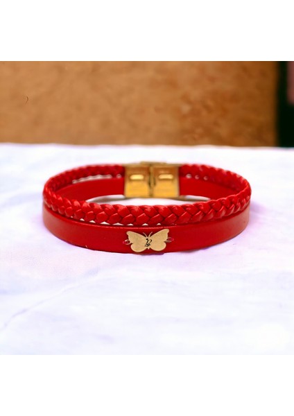 B Harfine Özel Kelebek Motifli 14 Ayar Altın Plakalı Doğal Kırmızı Derili Hediye BILEKLIK-565HARF