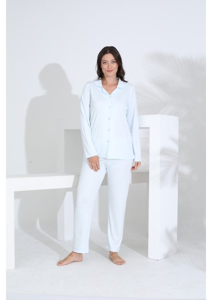 Bambu Uzun Kol Boydan Düğmeli Hamile Lohusa Pijama Takımı 30206-30207