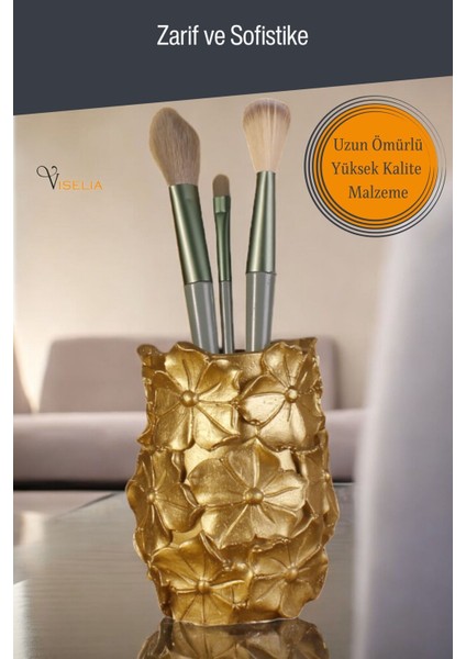 Altın Renkli Çok Bölmeli Makyaj Organizeri ve Fırça Seti fırsatları