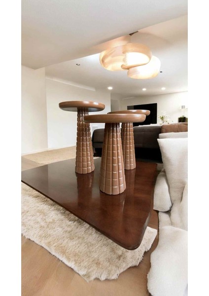 Dekoratif Ahşap Mantar Sehpa Seti 3'lü – Kahverengi Yan Sehpa