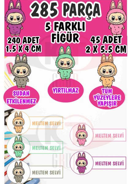 Okul Kalem Defter Etiketi Labubu The Monsters Temalı Isimli Etiket 5 Figür 285 Adet