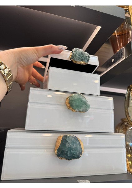 Doğal Taşlı Cam Kaplama Üçlü Aksesuar Kutusu, 24X17CM, 18X15CM, 12X12CM, Şık ve Kullanışlı