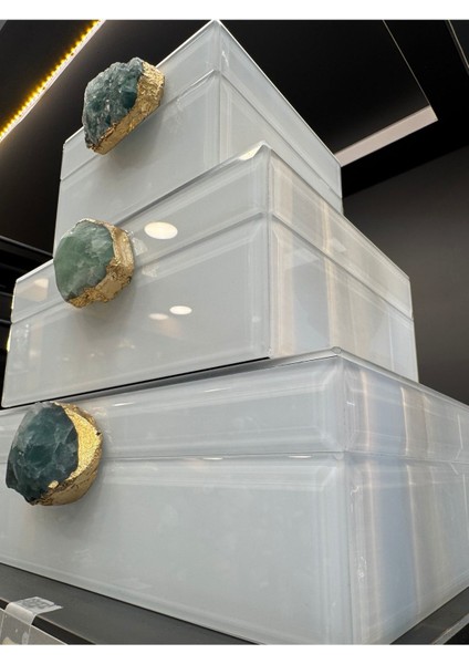 Doğal Taşlı Cam Kaplama Üçlü Aksesuar Kutusu, 24X17CM, 18X15CM, 12X12CM, Şık ve Kullanışlı modelleri