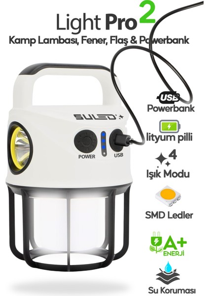 Light Pro2 Işıldak Profesyonel Kamp Lambası ve Fener Şarjlı USB Powerbank Özellikli