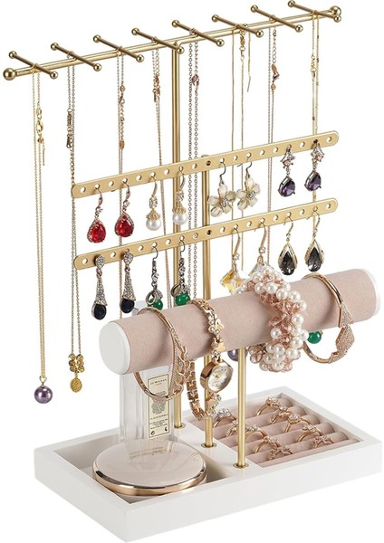 Altın Renk Üç Katlı Saat ve Takı Standı, Şık ve Çok Katlı Tasarım