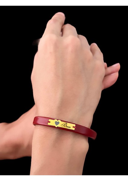 14 Ayar Altın Plakalı Buse Ismine Özel Hakiki Bordo Derili Kalp Motifli Hediye BILEKLIK-566ISIM