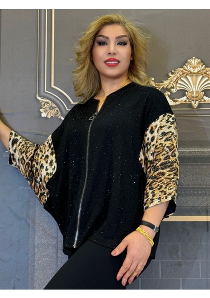Abiye Bluz Üç Iplikli Pullar ve Taşlar Leopar Desenli Kollar Fermuarlı Siyah Ceket Yüksek Kalite
