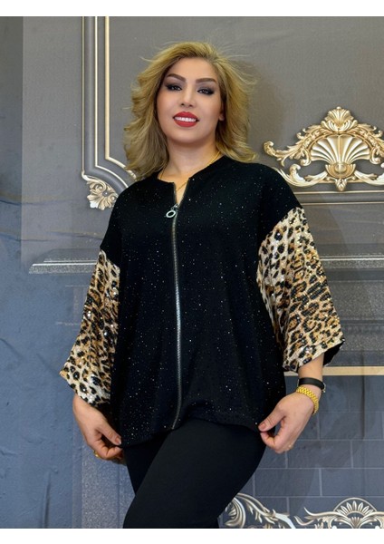 Abiye Bluz Üç Iplikli Pullar ve Taşlar Leopar Desenli Kollar Fermuarlı Siyah Ceket Yüksek Kalite fiyatları