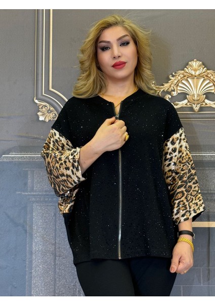 Abiye Bluz Üç Iplikli Pullar ve Taşlar Leopar Desenli Kollar Fermuarlı Siyah Ceket Yüksek Kalite indirimleri