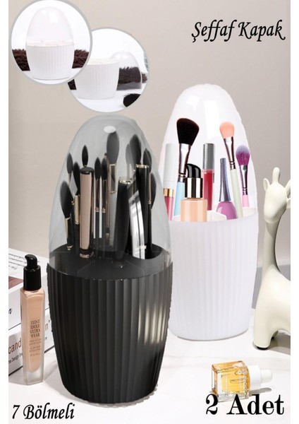 7 Bölmeli Siyah Beyaz Makyaj Fırçası ve Kozmetik Organizer, Şeffaf Kapaklı, 2'li Set