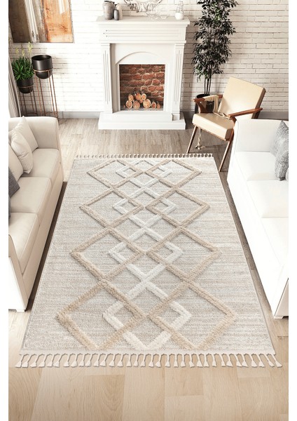 Mılan Krem Bej Yumuşak Bukleli ve Havlı Iskandinav Makine Dokuma Halı Oturma Odası Salon Mutfak Antre