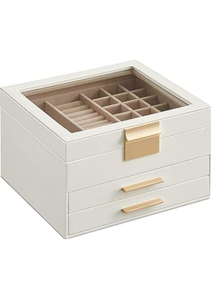 3 Seviyeli Cam Kapaklı Mücevher Kutusu, 2 Çekmeceli, Şık ve Kullanışlı Bir Saklama Çözümü