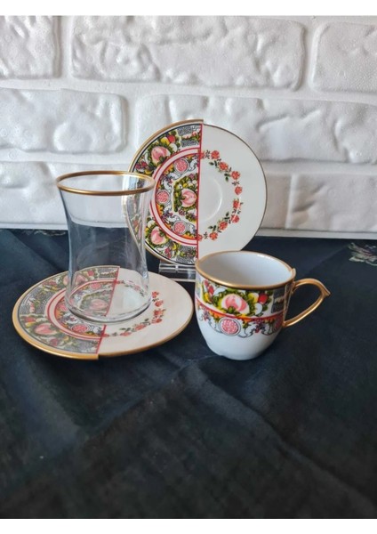18 Parça 6 Kişilik Çay ve Türk Kahvesi Fincanı Takımı Rosa Serisi