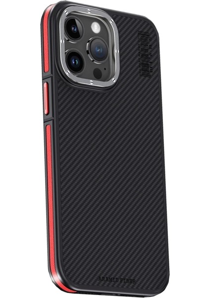 iPhone 15 Pro Max Kılıf Aramid 600D Kevlar Karbon Fiber Magsafe Kapak - Kırmızı