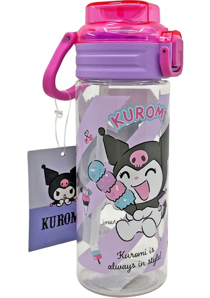 500ML Kuromi Lisanslı Yumuşak Silikon Pipetli Kulplu Kilitlenebilir Su Matarası