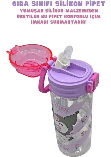 500ML Kuromi Lisanslı Yumuşak Silikon Pipetli Kulplu Kilitlenebilir Su Matarası fiyatları