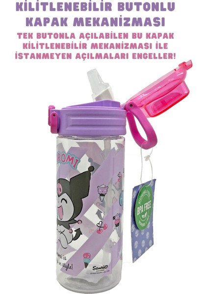 500ML Kuromi Lisanslı Yumuşak Silikon Pipetli Kulplu Kilitlenebilir Su Matarası modelleri