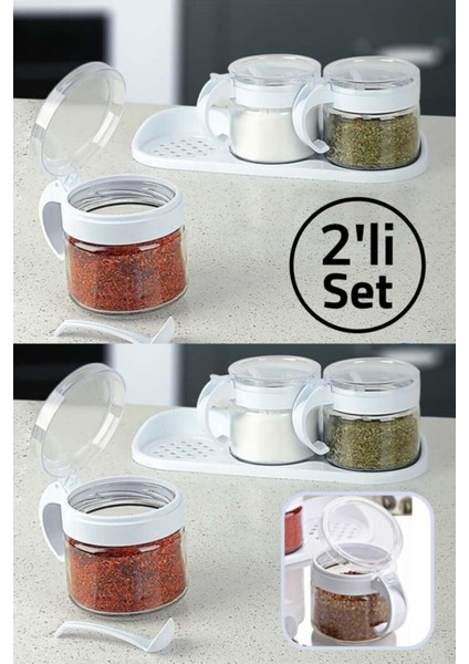 Beyaz 3'lü Standlı Kapaklı Kaşıklı Cam Baharatlık Takımı 2'li Set