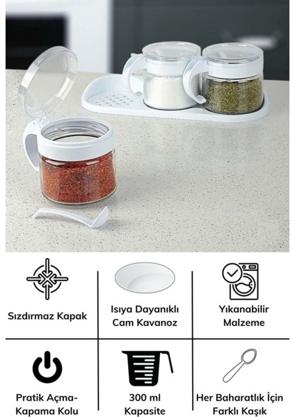 Beyaz 3'lü Standlı Kapaklı Kaşıklı Cam Baharatlık Takımı 2'li Set modelleri