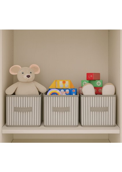 3’lü 30X30 Gri Çizgili Organizer Hurç Seti – Katlanabilir, Kartonlu, Kulplu Saklama Kutusu