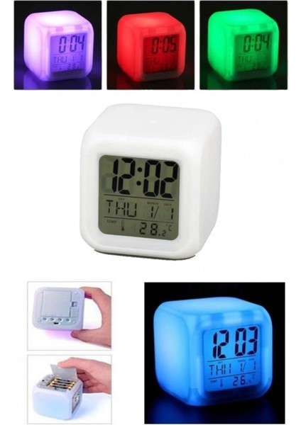 7 Renkli Dijital Çocuk Odası Saatli Küp, Takvim ve Kronometre Özellikli