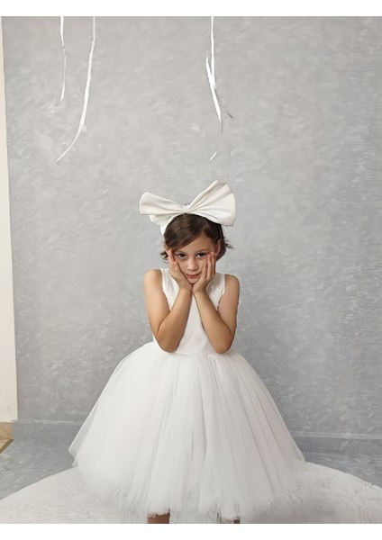 Kız Çocuk Abiye Elbise Ada, Beyaz Yaka Incili,tütü Elbise