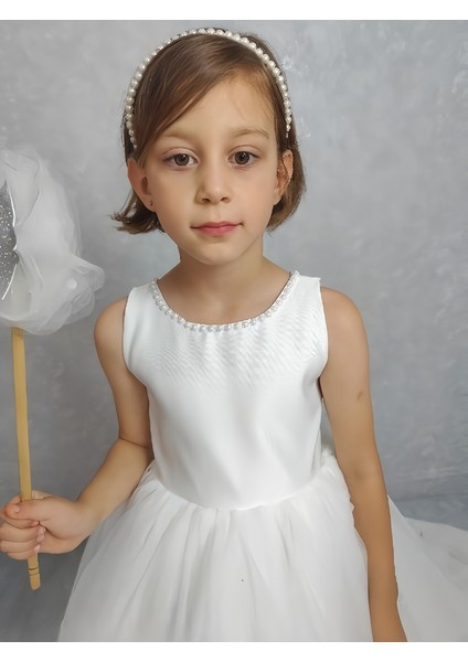 Kız Çocuk Abiye Elbise Ada, Beyaz Yaka Incili,tütü Elbise modelleri