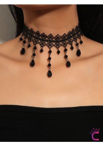 Siyah Kristal Taşlı Çiçekli Dantel Kolye - Chokers Vintage Stil Kadın Gotik Kolye