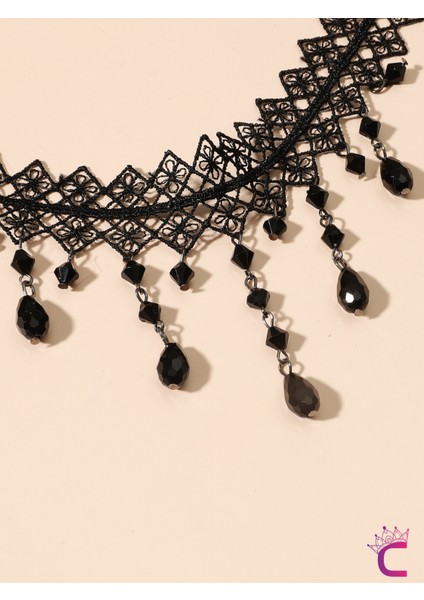 Siyah Kristal Taşlı Çiçekli Dantel Kolye - Chokers Vintage Stil Kadın Gotik Kolye fiyatları