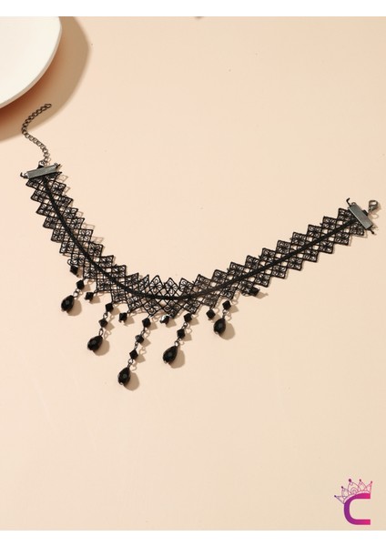 Siyah Kristal Taşlı Çiçekli Dantel Kolye - Chokers Vintage Stil Kadın Gotik Kolye modelleri