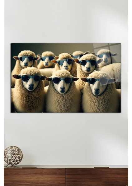 Gözlüklü Koyun Sürüsü Cam Tablo, Modern Ev Ofis Dekoru, Hediyelik Duvar Dekorasyonu, Kırılmaz Cam