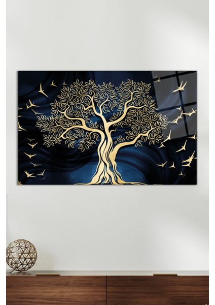 Gold Ağaç ve Kuşlar Cam Tablo, Modern Ev ve Ofis Dekoru, Hediyelik Duvar Dekorasyonu, Kırılmaz Cam