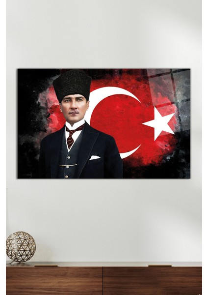 Türk Bayrağı ve Atatürk Cam Tablo, Modern Ev Ofis Dekoru, Hediyelik Duvar Dekorasyonu, Kırılmaz Cam