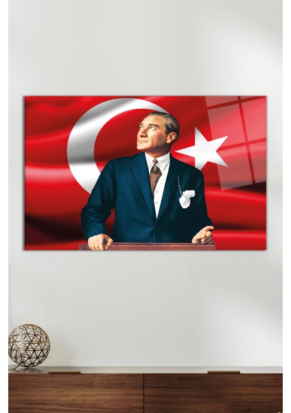 Atatürk ve Türk Bayrağı Cam Tablo, Modern Ev Ofis Dekoru, Hediyelik Duvar Dekorasyonu, Kırılmaz Cam