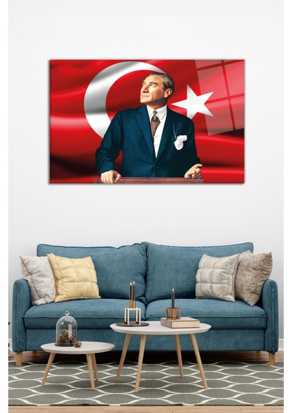 Atatürk ve Türk Bayrağı Cam Tablo, Modern Ev Ofis Dekoru, Hediyelik Duvar Dekorasyonu, Kırılmaz Cam modelleri