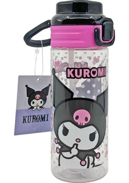 500ML Kuromi Lisanslı Yumuşak Silikon Pipetli Kulplu Kilitlenebilir Su Matarası