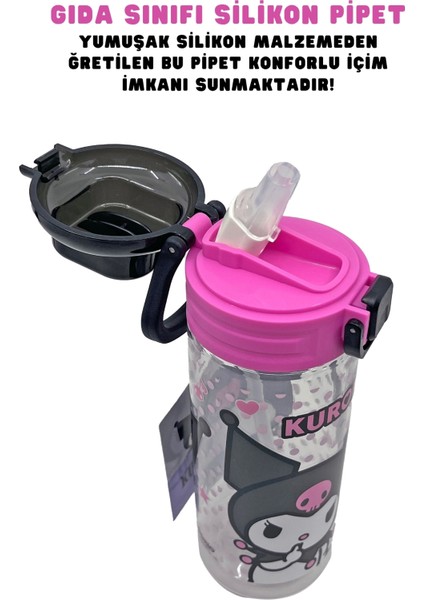 500ML Kuromi Lisanslı Yumuşak Silikon Pipetli Kulplu Kilitlenebilir Su Matarası fiyatları