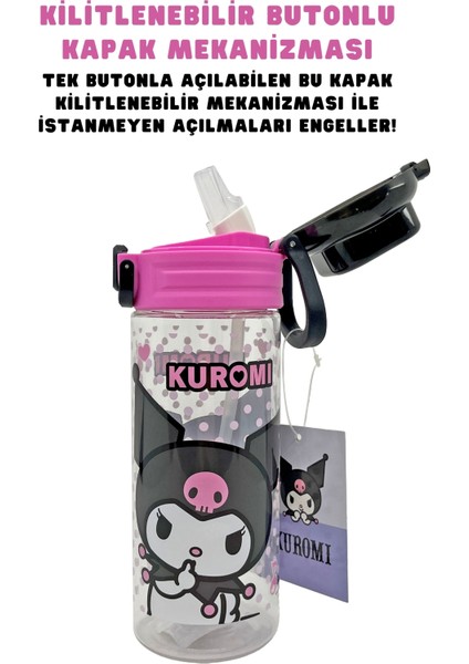 500ML Kuromi Lisanslı Yumuşak Silikon Pipetli Kulplu Kilitlenebilir Su Matarası modelleri