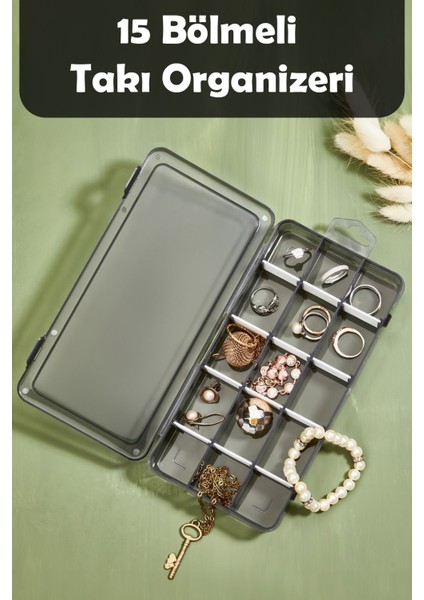 15 Bölmeli Takı Kutusu, Şeffaf Siyah, Takı Düzenleyici