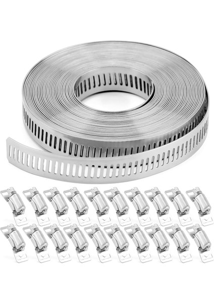 Hortum Kelepçeleri 20FT Metal Kayış + 20 Bağlantı Elemanı Kendin Yap Kesilebilir Bant Kelepçeleri (Yurt Dışından)