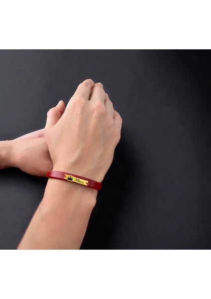 14 Ayar Plakalı Altın Merve Ismine Özel Taç Motifli Doğal Bordo Derili Hediye BILEKLIK-567ISIM