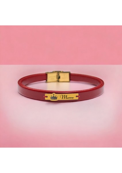 14 Ayar Plakalı Altın Merve Ismine Özel Taç Motifli Doğal Bordo Derili Hediye BILEKLIK-567ISIM fiyatları