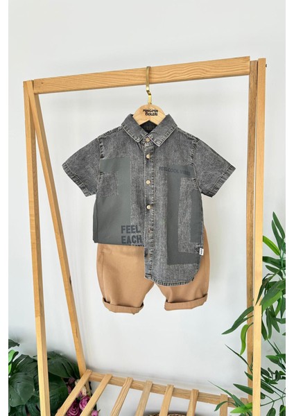 “feel Cool Vibes” Yazılı Erkek Çocuk Kot şortlu takım - Kahve