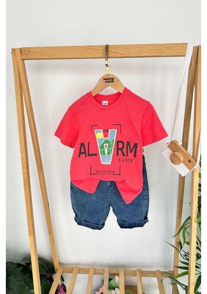 Alarma Baskılı Penye Kot Şortlu Erkek çocuk Takım - Fuşya