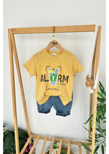 Alarma Baskılı Penye Kot Şortlu Erkek çocuk Takım - Sarı